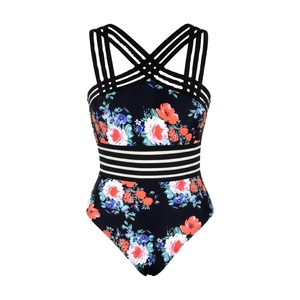Maillot de bain une pièce floral pour femmes, bretelles croisées, taille rayée, maillot de bain OEM - Product Image 1