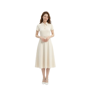 Robe midi crème pour femme, col polo, manches courtes, coupe évasée, décontractée, élégante, pour le bureau, été, prête à être expédiée. - Product Image 1