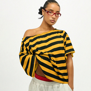 T-shirt rayé décontracté à manches courtes et épaules dénudées pour femme 2026, tricoté à la taille, ample, respirant, écologique, 100 % coton, été - Product Image 1