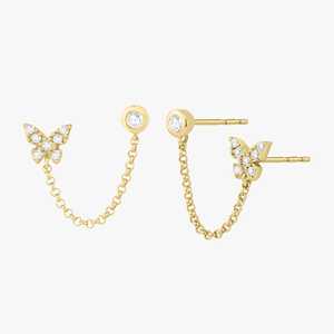 Boucles d'oreilles à double piercing en chaîne, en or massif 14k 18k, avec diamant de laboratoire rond serti en clos en forme de papillon, clous à pression, bijoux fins, vente en gros - Product Image 1