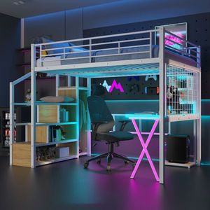 Full Size <b>LED</b> White Metal Loft <b>Bed</b> with Built-in Work Station Wardrobe and Storage Staircase for Kids - Product Image 2