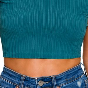 Top Corto Acanalado Teal para Mujer, Manga Corta, Cuello Redondo, Ajuste Delgado, Camiseta Casual de Punto, Moda de Verano, Algodón Elástico y Spandex Básico - Product Image 6