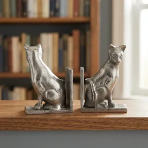 Lot de 2 serre-livres décoratifs en aluminium argenté antique, sculptures de chats en métal texturé, élégants supports de livres - Product Image 5
