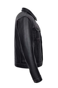 Veste en cuir véritable noire pour homme, col rabattu, fermeture à boutons, manches régulières, couleur unie, vêtement d'automne - Product Image 5