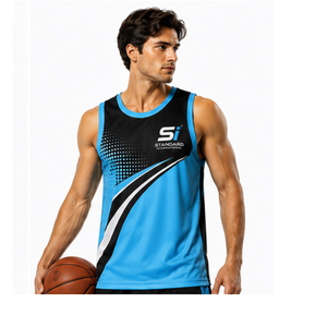 เสื้อบาสเก็ตบอลแขนกุดผู้ชายสีน้ำเงินดำ พิมพ์ลายแบบ Sublimation ระบายอากาศได้ดี รุ่นมาตรฐานสากล - Product Image 1
