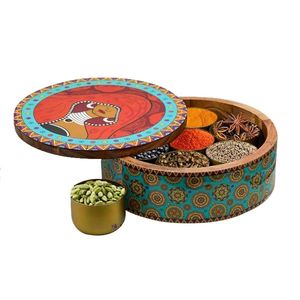 กล่องใส่โรตีไม้ทำมือพร้อมภาชนะใส่เครื่องเทศแบบดั้งเดิม สำหรับจัดเก็บอาหารในครัว ภาชนะเสิร์ฟชาปาตี ผลิตภัณฑ์สำหรับเก็บขนมปัง - Product Image 1