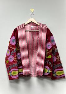 Vintage Red <b>Velvet</b> Suzani Embroidered <b>Jacket</b> with Floral Pattern Full Sleeve Stand Collar Bohemian <b>Women's</b> Autumn Outerwear - Product Image 4