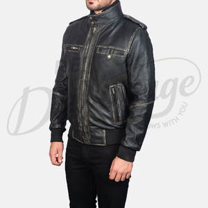 Chaqueta Bomber Negra para Hombre de Gamuza Genuina con Paneles de Cuero Acolchado en los Hombros, Cuello Alto y Ribete Acanalado - Product Image 1