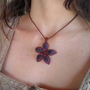 Handmade Macrame Flower Pendant Necklace Purple Teal with Gold Bead Boho Ethnic Jewelry Wholesale - Product Image 1