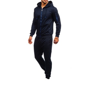 High Trending Men Navy Blue Full <b>Zip</b> <b>Hooded</b> Tracksuit Solid Color Casual Wear Side Pockets Polyester Regular Fit Autumn Style - Product Image 3