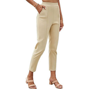 Pantalones de Mujer de Cintura Alta, Color Beige, Satinados, Tipo Lápiz, con Bolsillos, Cintura Elástica, Largo hasta el Tobillo, Estilo Oficina, para Primavera - Product Image 1