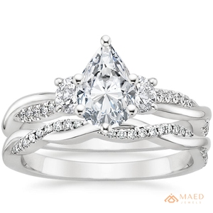 Ensemble de bagues de mariage en moissanite taille poire, ton argenté, avec pierres latérales rondes pavées torsadées, bijoux fins, cadeau pour elle - Product Image 1