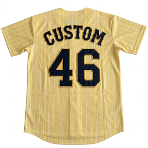 Custom baseball jersey team name number Breathable short sleeve men <b>athletic</b> fit full button light yellow pinstripe sportswear - Product Image 2