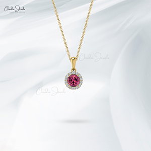Pendentif en or pur 14 carats authentique avec tourmaline rose taille ronde 0,25 carat et halo de diamants, collier, cadeau idéal pour l'amour - Product Image 6