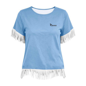 Camiseta de manga corta para mujer de alta calidad con dobladillo y puños con flecos blancos, top informal de algodón tejido con cuello redondo para verano. - Product Image 1