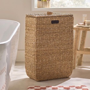 Panier de rangement haut en jonc de mer style bohème avec couvercle, organisateur décoratif pour l'entrée et le rangement des espaces de vie - Product Image 1