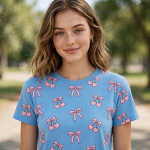 Camiseta Casual de Manga Corta con Cuello Redondo y Estampado de Letras para Mujer, Azul, Poliéster/Algodón, Verano - Product Image 1