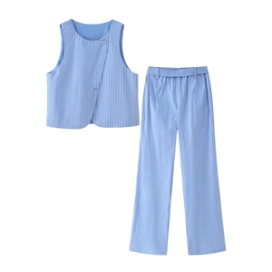 Ensemble long 2 pièces pour femme, gilet sans manches et pantalon rayés tissés, col boutonné, décontracté, respirant, 100% coton, tenue d'été - Product Image 2