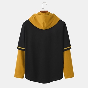 Sweat-shirt à capuche pour homme, noir et couleur moutarde, à blocs de couleurs, manches raglan, coupe oversize, tricoté, décontracté, pour l'automne - Product Image 2