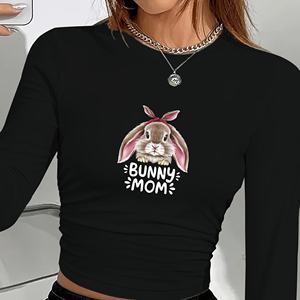 Camiseta de Manga Larga para Mujer Bunny Mom, Cuello Redondo, Estampada, Tejida, de Spandex y Poliéster, Corte Regular, para Todas las Temporadas, Estilo Y2K - Product Image 1