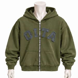 Sweat-shirt à capuche zippé pour homme, vert olive personnalisé, avec appliqué lettres en chenille, en molleton épais, coupe oversize, style streetwear décontracté - Product Image 1