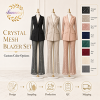 Ensemble de costume blazer vintage en crêpe de haute qualité pour femme, avec design sexy en maille et strass, motif original, ODM