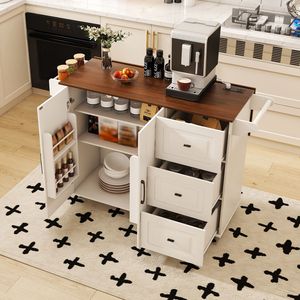 White <b>Mobile</b> Breakfast Bar <b>Kitchen</b> <b>Island</b> Cart with Foldable Tabletop & Drop Leaf Wood Top Storage on Wheels - Product Image 1