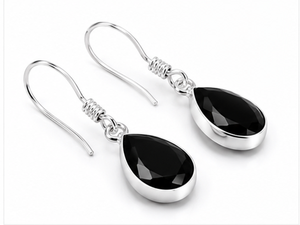 Natural Black Onyx Teardrop Sterling Silver Drop <b>Earrings</b> | 925 Silver Pear Shape Dangle <b>Earrings</b> | Handmade Black Gemstone - Product Image 3