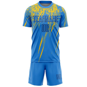 Maillot de football personnalisé bleu et jaune sublimé, kit à manches courtes, col rond, séchage rapide, polyester, coupe athlétique, adultes, toutes saisons - Product Image 6