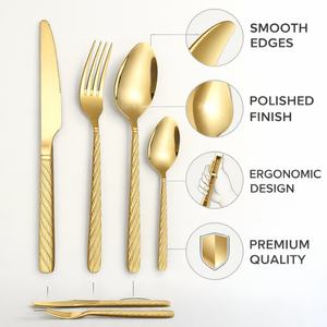 Juego de Cubiertos de Lujo en Oro, Cuchara, Tenedor y Cuchillo de Acero Inoxidable con Acabado Espejo, Aptos para Lavavajillas, Diseño Europeo, para Bodas, Catering y Hoteles - Product Image 5