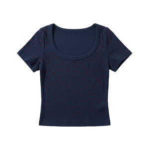 <b>Red</b> Shimmery Rhinestone Embellished <b>Crop</b> <b>Top</b> Custom Branding women's shirt Half Sleeves Fitness Wear Cotton Knit Ladies T-Shirt - Product Image 3