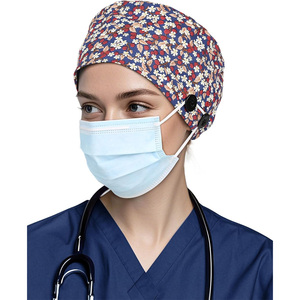 Floral Print Surgical <b>Cap</b> with Buttons Unisex Hospital Uniform Accessories Woven Cotton Blend <b>Scrub</b> Hat Needle Detection - Product Image 1