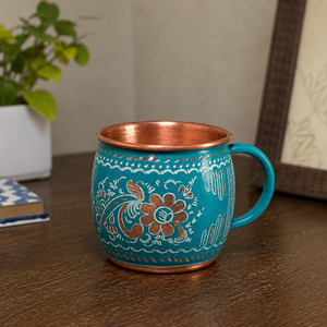 Mug artisanal en cuivre pur avec motif floral émaillé turquoise 350 ml, tasse à eau ayurvédique, tasse à café ou à thé, cadeau vintage fait main - Product Image 4