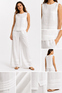 Tenues d'été décontractées chic et modernes pour femmes - Ensemble 2 pièces blanc sans manches, débardeur ample et pantalon large respirant - Fournisseur en gros - Product Image 3