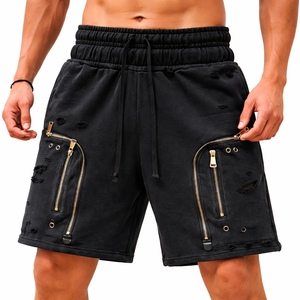 Pantalones Cortos Cargo de Algodón Desgastado para Hombre, Estilo Urbano, para Gimnasio y Entrenamiento, con Bolsillos Utilitarios con Cremallera, Cintura con Cordón Ajustable, Marca Privada - Product Image 1