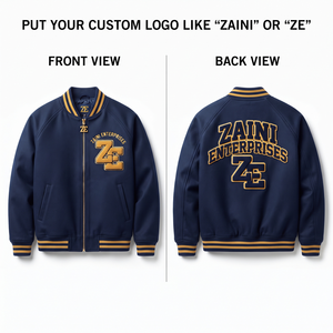 Chaqueta Bomber Premium de Forro Polar de Poliéster de 320 GSM, Resistente al Viento, Color Azul Marino, Cuello, Puños y Cintura con Ribete Dorado, Parche de Chenilla con Logotipo Personalizado - Product Image 1