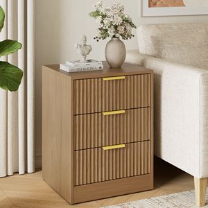 Nordic <b>Minimalist</b> Ruffled <b>Bedside</b> <b>Table</b> with Three Drawers Large Capacity Storage Walnut Golden Handles - Product Image 5
