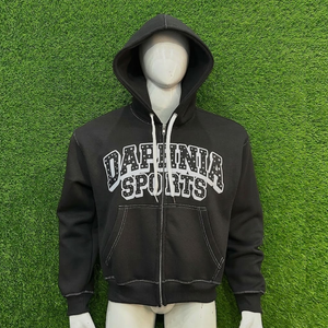 Sudadera con capucha transpirable para hombre al por mayor, último estilo, color negro, estampado frontal, streetwear, con cremallera y costuras en contraste blancas - Product Image 5