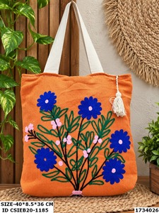 Bohemian Canvas Tote <b>Bag</b> With Floral Embroidery Design For Women Shopping Use All Seasons cotton <b>cord</b> straps - Product Image 3