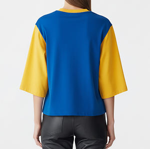 Camiseta personalizada ecológica, transpirable, con bloques de color, informal, de manga corta, con logo personalizado, cuello redondo, cómoda, para mujer. - Product Image 6