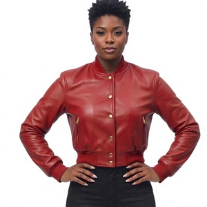 <b>Women's</b> Green Varsity <b>Jacket</b> With <b>Tan</b> Genuine Leather Sleeves Contrast Color Woolen Coat - Product Image 6