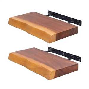 Live Edge Solid Wood <b>Adjustable</b> Floating Wall <b>Shelves</b> Heavy Duty Timber Storage Display Ledge Rack Modern Metal Bracket Wall - Product Image 1