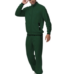 Chándal Verde Oscuro para Hombre, Cierre Completo, Cuello Alto, Estilo Deportivo Informal, con Bolsillos Laterales, para Otoño, Corte Regular, Color Sólido - Product Image 4