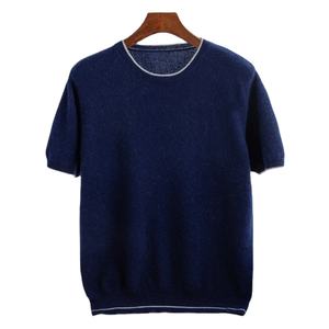 Camiseta para hombre, novedad de verano 2025, camiseta sin mangas de punto, suéter de cuello redondo con bloque de Color a la moda, suéter de manga corta de lana pura 100% - Product Image 2