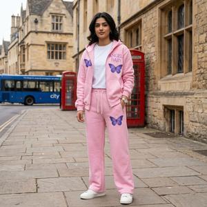 Ensemble de survêtement imprimé papillon pour filles, sweat à capuche zippé, pantalon de jogging en polaire, vêtements décontractés d'hiver - Product Image 4