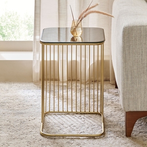 Aesthetic C-Shape <b>End</b> <b>Table</b> with Golden Vertical Metal Wire Cage and Black Glass Top, Space-Saving Accent <b>Table</b> for <b>Sofa</b> <b>Sides</b> - Product Image 2