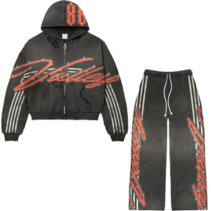 Sudadera con capucha Y2K para hombre, con pedrería brillante, cordón ajustable, estilo hip hop, streetwear, con cremallera, y pantalones de chándal apilados con estampado gráfico. - Product Image 1