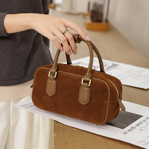 Classic Genuine Leather <b>bowling</b> bag With Zipper Closure Two Handles Women's Handbag Daily Use <b>bowling</b> bag leather - Product Image 3