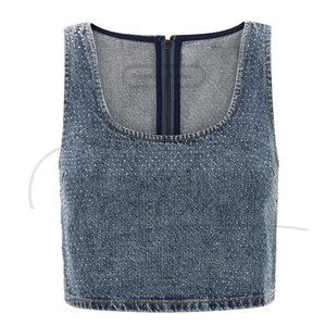 Top Corto de Mezclilla para Mujer con Pedrería, Ajustado, con Botones, Sin Mangas, Moda de Verano, Estilo Casual Urbano, Venta al por Mayor OEM ODM - Product Image 6