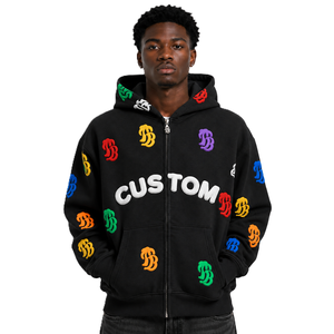 100% Unisex Heavy Fleece Full <b>Zip</b> <b>Up</b> Hoodie Custom Logo All Over Puff Print Multi Monogram Patch Drop Shoulder Streetwear <b>Jacket</b> - Product Image 1